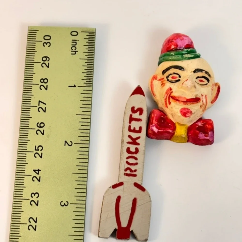 Vintage Pins Clown and Rocket Multicolor Weird Folk Art Kitsch 1950s Style Boho